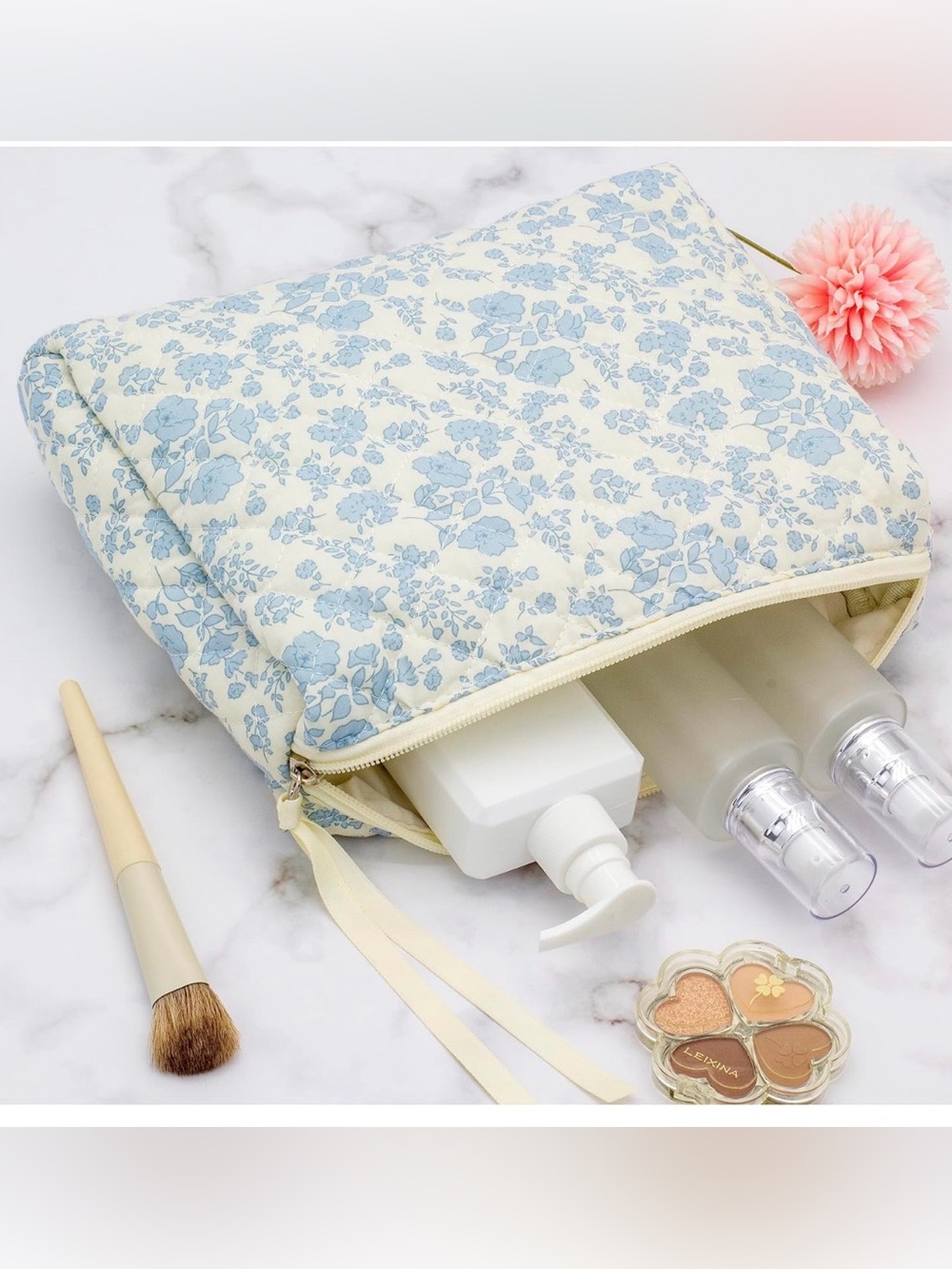 Quilted Floral Cosmetic Pouch in Light Blue